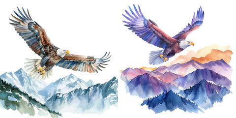 eagle soaring over mountains watercolor vector illustration