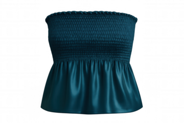 Teal blue bandeau top featuring smocked bodice, flared silhouette, summer fashion staple against transparent backdrop