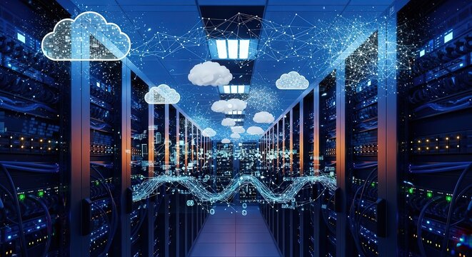 Futuristic Data Center with Cloud Computing, Artificial Intelligence, and Digital Network Visualization Modern server room with glowing cloud icons, cybersecurity data streams and AI-driven digital  - Powered by Adobe