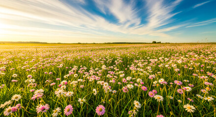 Fototapeta premium Estonian Meadow with White and Pink Spring Daisies under Sunny Sky – Early Summer Nature Landscape