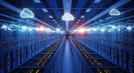 Futuristic Data Center with Cloud Computing, Artificial Intelligence, and Digital Network Visualization Modern server room with glowing cloud icons, cybersecurity data streams and AI-driven digital