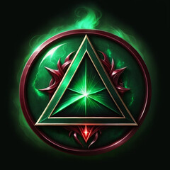 Mystical emblem design featuring a glowing green triangle and ornate red accents within a circular frame, evoking fantasy