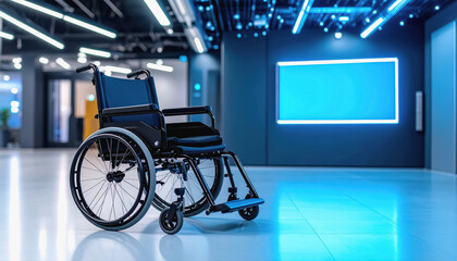 Smart wheelchair in hospital setting showcasing modern design and integration for patient mobility with copy space for text