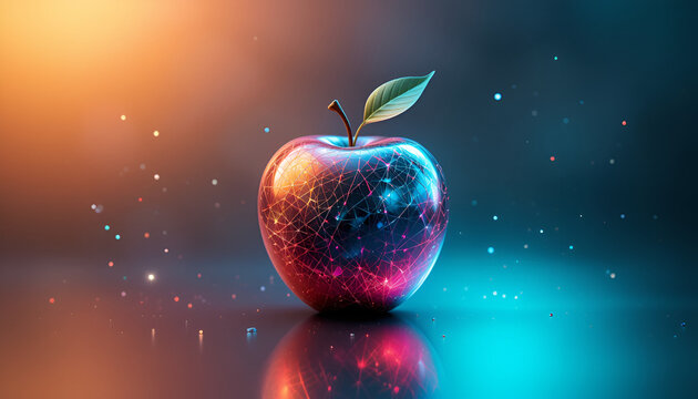 Vibrant tech apple with glowing network lines, symbolizing innovation and digital connection