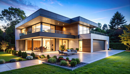 Fototapeta premium Sleek modern house design with clean lines and open space surrounded by lush greenery and natural light