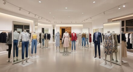 Modern clothing store interior with mannequins and fashion displays Luxury fashion boutique with bright modern lighting and stylish displays