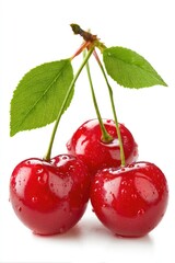 Three Red Cherries with Green Leaves