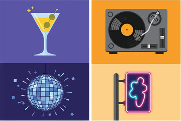 Flat design icons of a martini, record player, disco ball, and neon sign, representing a party or night out theme.