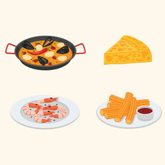 Spanish cuisine dishes, including paella, seafood, and churros.
