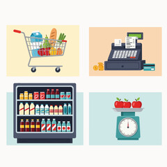 Supermarket scene with shopping cart, cash register, refrigerator, and produce scale.