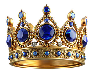 a gold crown with blue gems isolated on white background PNG , AI GENERATED