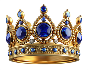 a gold crown with blue gems isolated on white background PNG , AI GENERATED