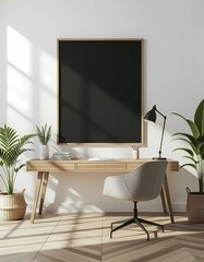 Empty white room with stylish poster frame and wooden desk