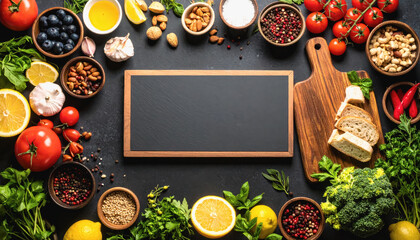 A blackboard surrounded by various fresh fruits and vegetables ready for healthy food preparation with copy space for text
