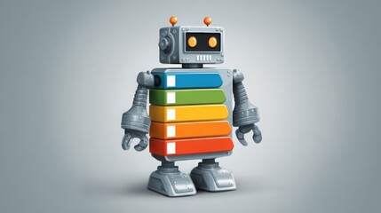 Robot holding a stack of books in a thoughtful pose as if analyzing data for financial assessment and credit evaluation