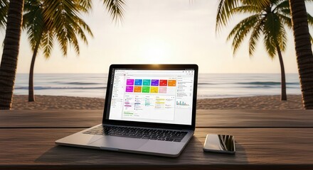 Laptop with business analytics dashboard on tropical beach Open laptop displaying data analytics and business charts on a desk by the ocean with palm trees and sunset in the background. Concept of rem