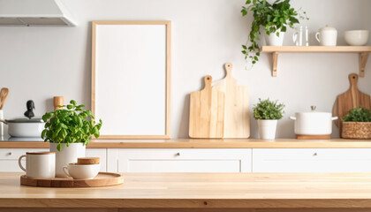 Charming kitchen setting with a wooden table and a pot of plants adding a touch of nature to home cooking experience