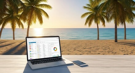 Laptop with business analytics dashboard on tropical beach Open laptop displaying data analytics and business charts on a desk by the ocean with palm trees and sunset in the background. Concept of rem
