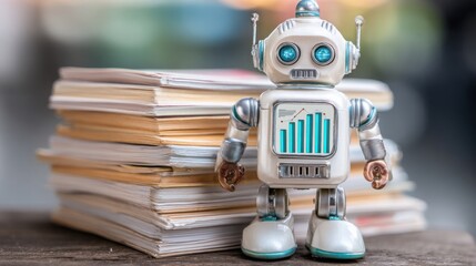 Fototapeta premium Robot standing next to a stack of books representing knowledge management and executive assistance in a business environment