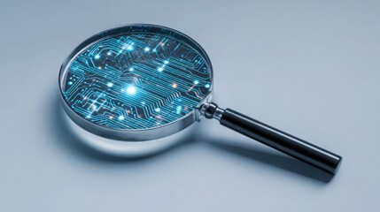 Magnified circuit board under a lens illustrating ai expense auditor concept for in-depth financial investigation