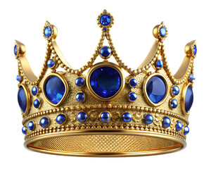 a gold crown with blue gems isolated on white background PNG , AI GENERATED