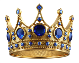 a gold crown with blue gems isolated on white background PNG , AI GENERATED
