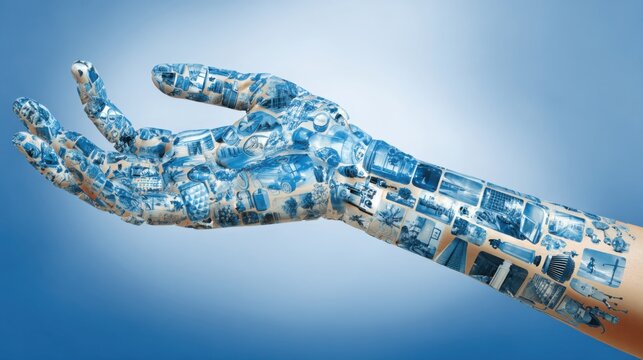 Hand holding a collection of images of buildings symbolizing ai market penetration concept for product analysis