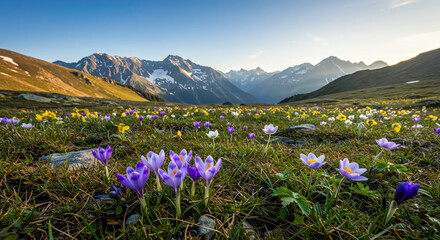Obraz premium Mixed Spring Flowers Blooming in Alpine Meadow with Snowy Mountains