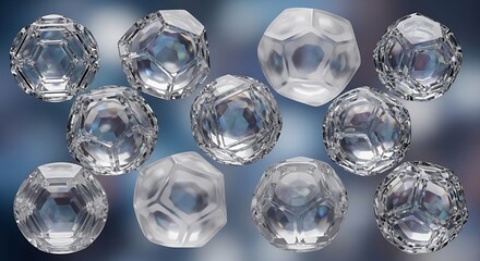 Elegant arrangement of transparent polyhedral spheres showcasing light refraction effects