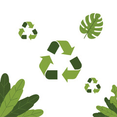 Obraz premium Green recycling symbols surrounded by leaves and tropical foliage on a white background