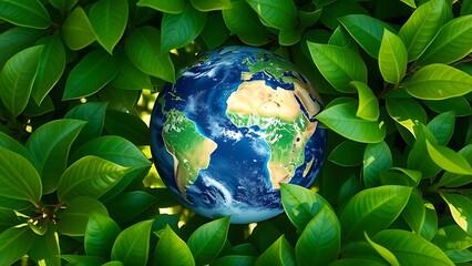 Earth globe surrounded by lush green leaves, symbolizing environmental awareness under natural ambient light.
