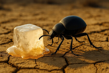 A close-up of a black beetle pushing a partially melted ice cube across cracked, dry desert ground under warm, golden sunlight - Generative AI