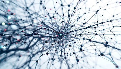 Abstract neural network design, data visualization of interconnected nodes, digital connections