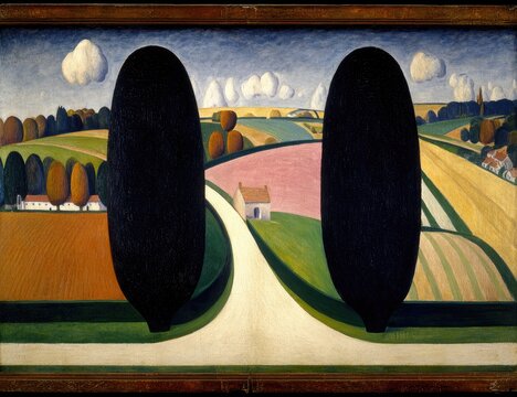 Rural landscape painting, two dark trees, fields