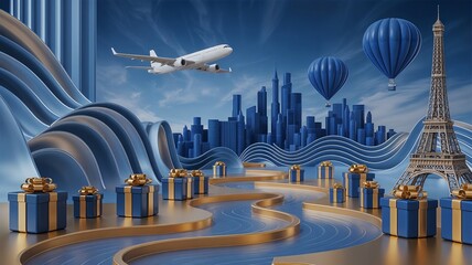 Futuristic Cityscape with Golden Accents and Hot Air Balloons