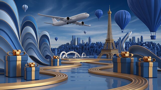 Futuristic Cityscape with Golden Accents and Hot Air Balloons - Powered by Adobe