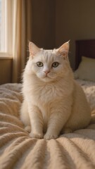 Cream‑Coloured Cat with Green Eyes Sitting on Bed
