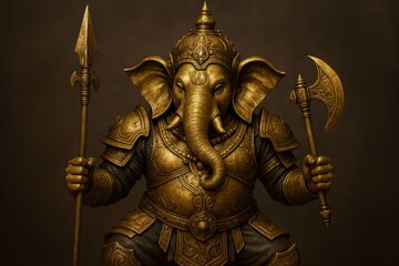 Fototapeta premium Golden Ganesha: Armored Hindu God with Spear and Axe Intricate Detail Dark Background.