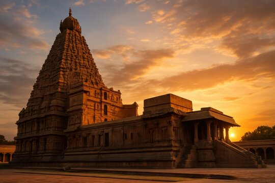 Majestic Thanjavur Brihadeeswarar Temple at Sunset: Dravidian Architecture in Golden Light.