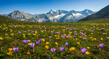 Fototapeta premium Spring Blooming Flowers in Valley Below Snowy Mountains