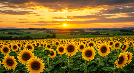 Fototapeta premium Sunflower Field at Golden Hour with Dramatic Sky