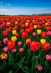 Tulip Field Landscape with Soft Wind and Clear Blue Sky