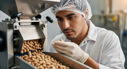 Focused food technician inspects fresh peanuts during quality control at modern processing facility, wearing sanitary uniform and gloves for food safety assurance