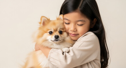 smiling young asian girl lovingly hugs fluffy pomeranian dog close against neutral background, showing gentle affection and bond between child and pet companion