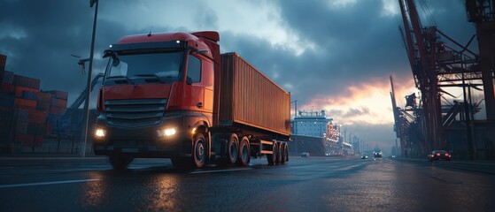 A red truck transports a shipping container through a port at sunset, with cranes and cargo ships in the background, creating a dramatic industrial scene.