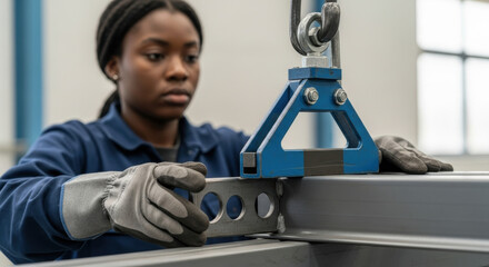 Focused woman operating industrial lifting equipment with heavy metal components in factory, demonstrating safety skills and precision in modern manufacturing environment