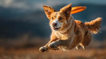 Agile dog catching a flying disc mid air