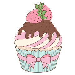 Strawberry Fruit Cupcake With Melting Chocolate. Flat and Simple Food Illustration.