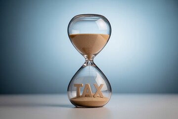 Hourglass with sand and TAX letters, deadline approaching, tax season reminder, finance, time management.