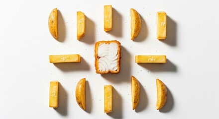 A flat lay of fried fish and salted potato wedges arranged in a circular pattern on a white background.